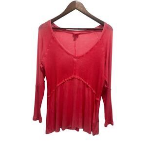 POL Long Sleeve V Neck Ribbed Knit Babydoll Long Tunic Top Size S Y2K Inspired
